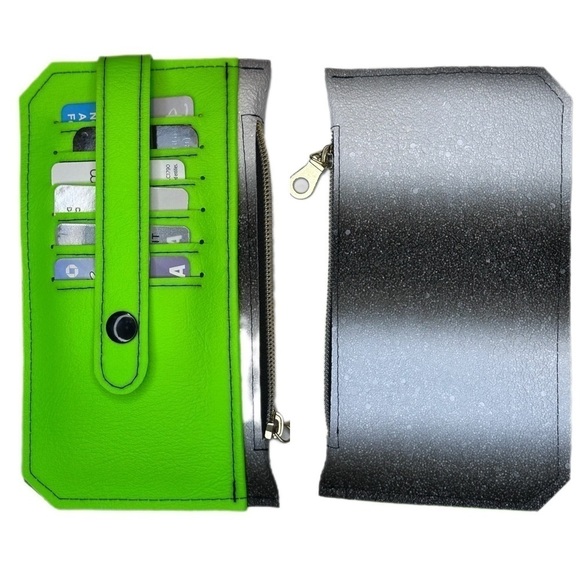 Hand Crafted Handbags - Wallet handmade green black white stripe gold color plastic zipper